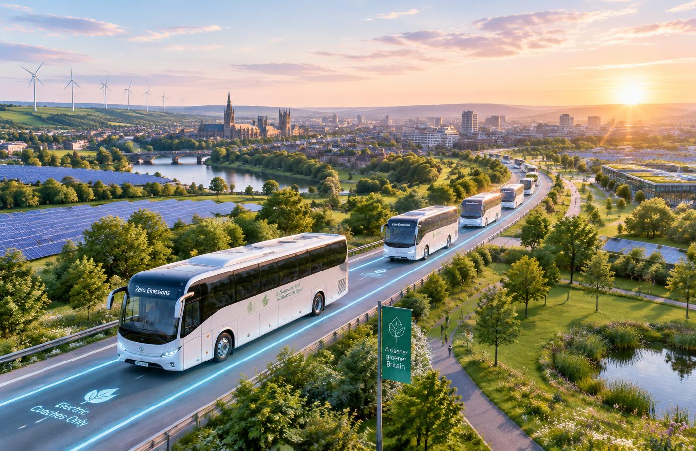 Electric coaches travelling a smart road through a green city at sunrise