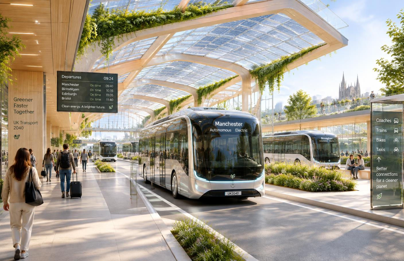 A bright future transport hub with electric coaches under a glass canopy