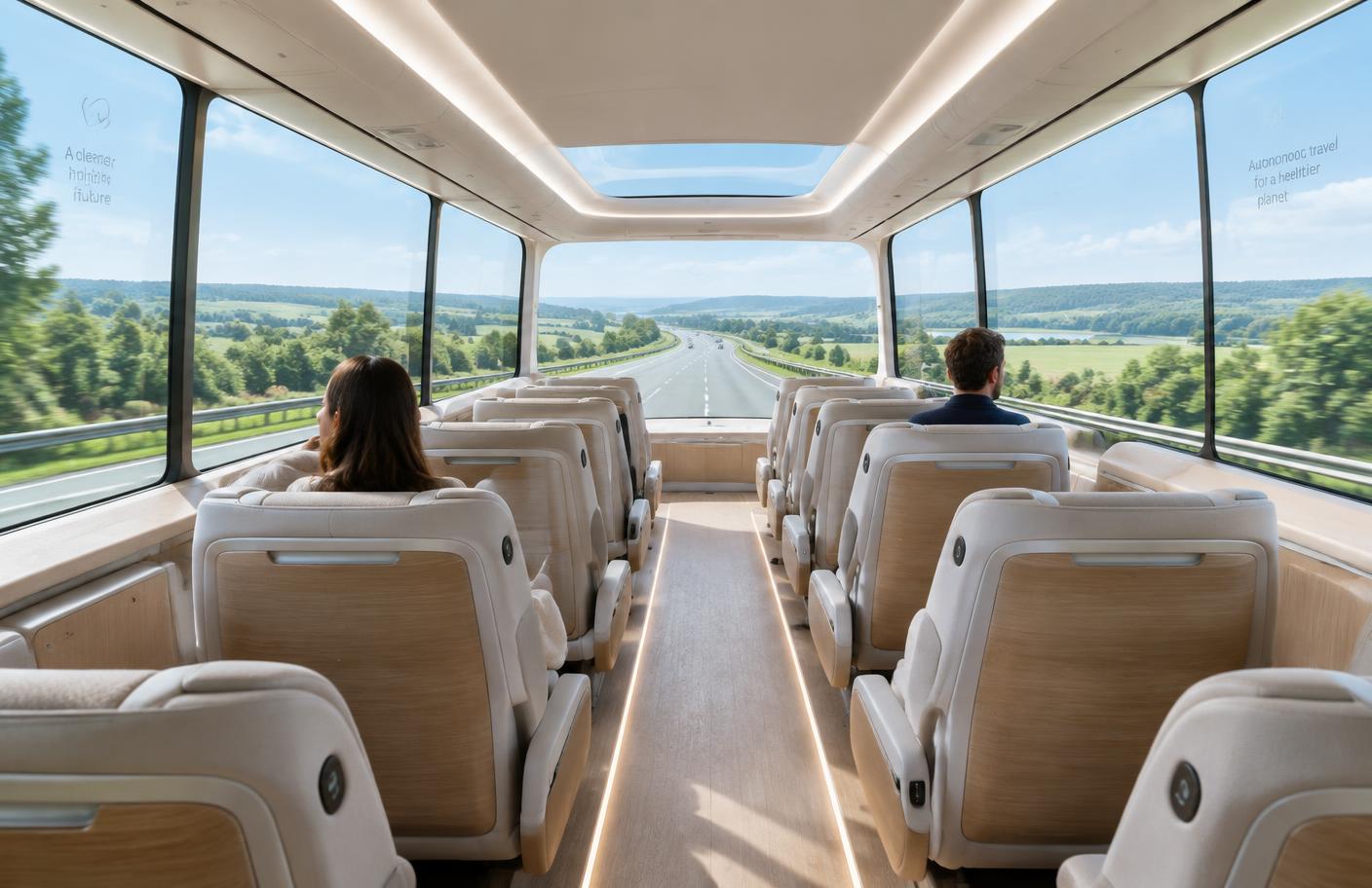 Passengers travelling in the bright panoramic cabin of a driverless coach, the open road ahead through the windscreen